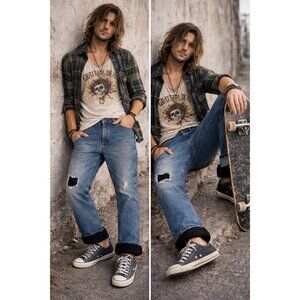 Sexy/Boho/Distressed/Grudge Jeans 34x32 Faded Out Blue Fleece Lined 🩶